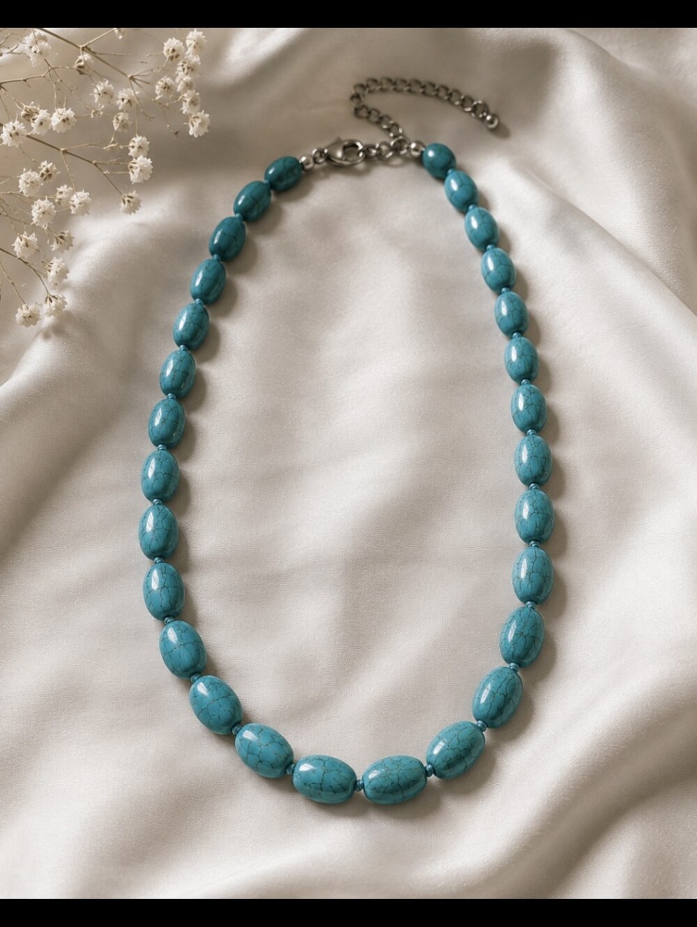 Turquoise Blue Howlite Oval Bead Necklace Adjustable Clasp Statement Jewelry